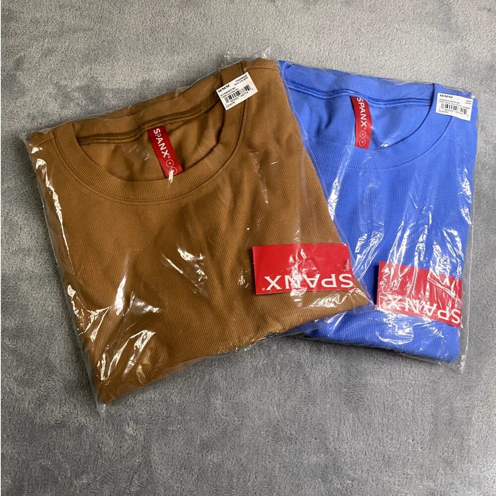 Spanx 2 Pack Crewneck Tees Womens M Brown Blue Ribbed Knit Fitted Casual NWT
